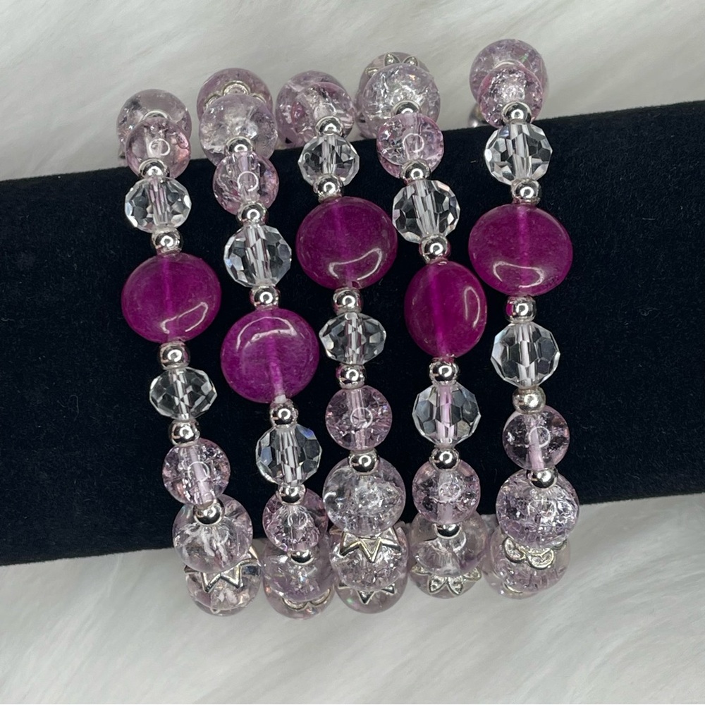 Pink and Clear Crackle Glass Bead Bracelet